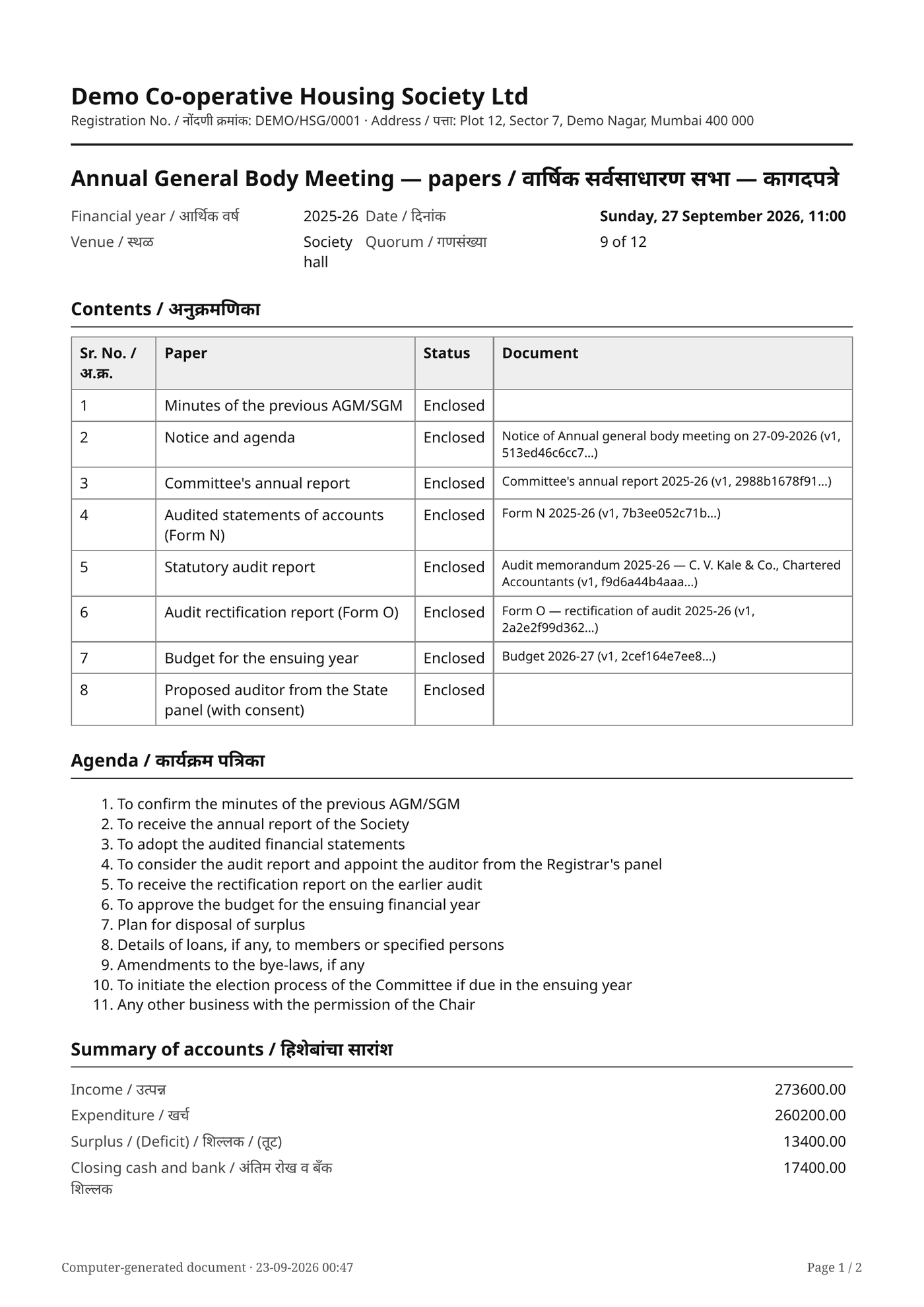 The cover sheet of an AGM pack generated for a demo society, listing each agenda document and whether it is attached.