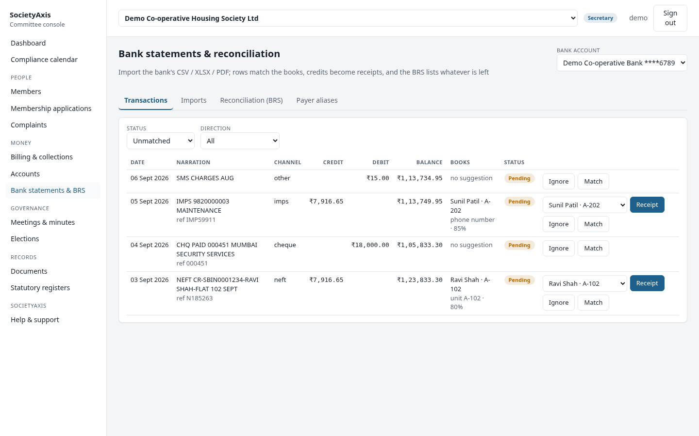 The bank reconciliation page of the SocietyAxis console for a demo society, with matched and unmatched statement lines.