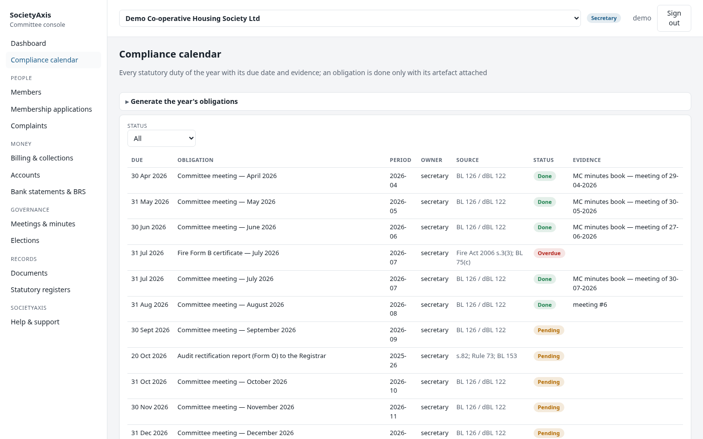 The compliance calendar page of the SocietyAxis console for a demo society, listing obligations with due dates, owners, sources and status.