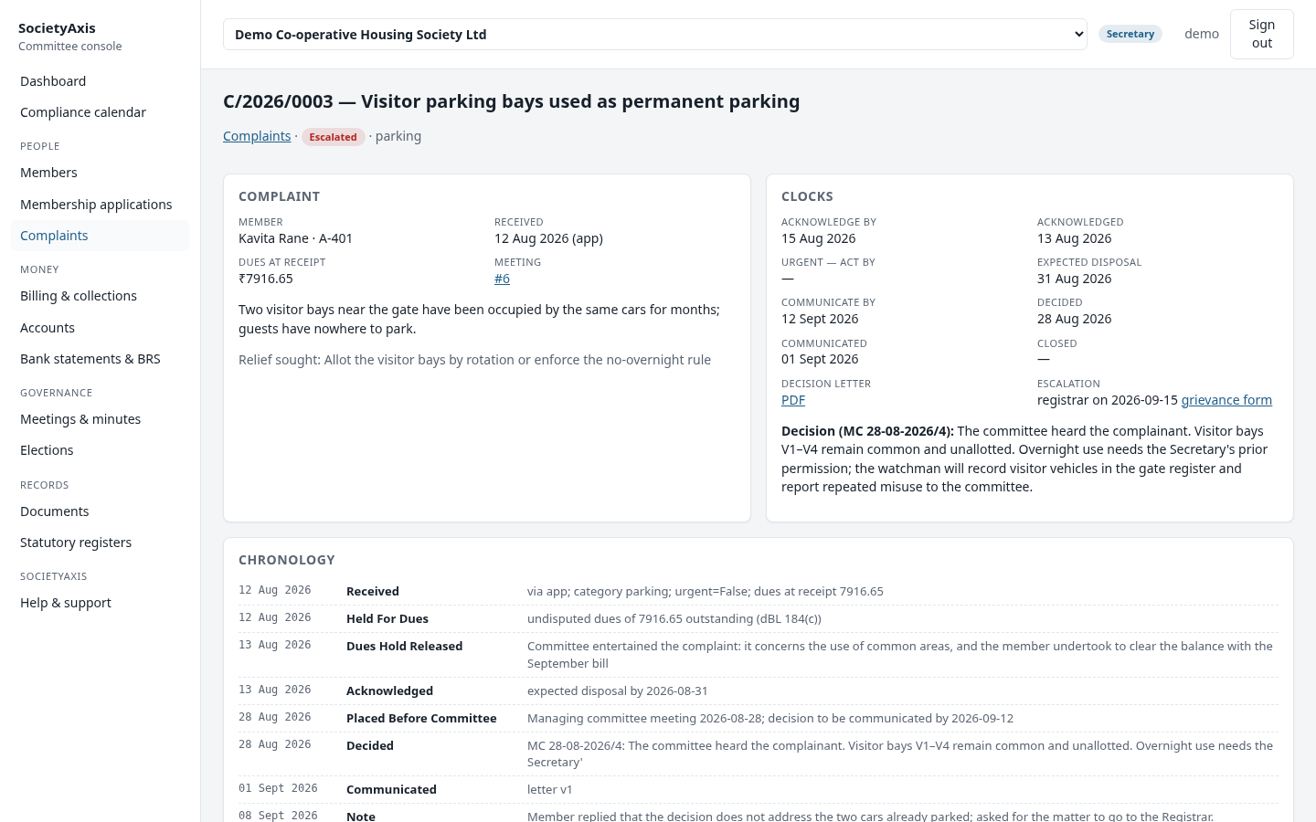 A complaint page in the SocietyAxis console for a demo society, showing its acknowledgement and reply deadlines and the event history.