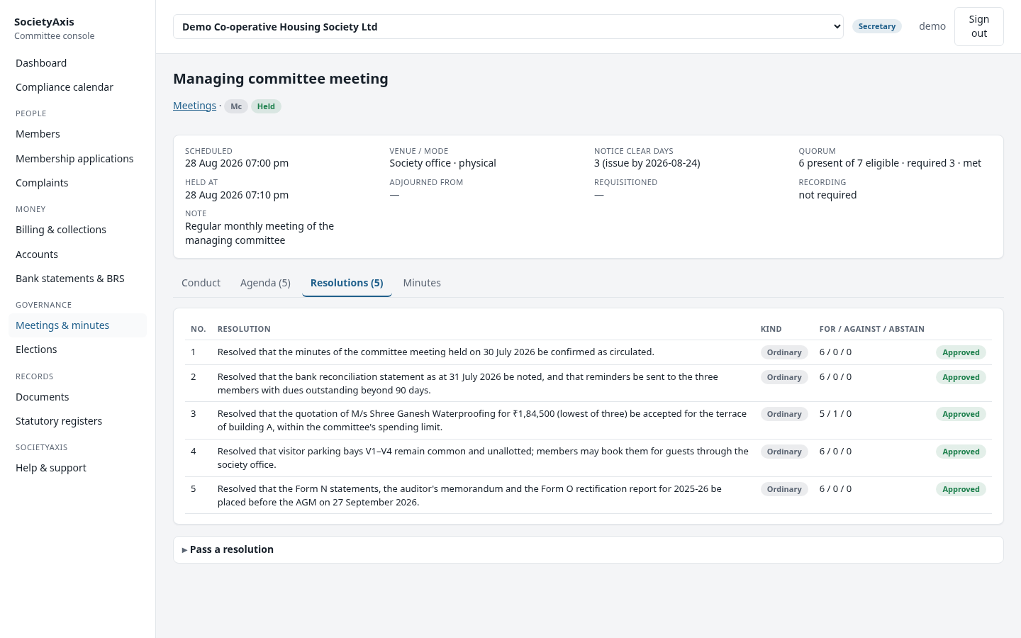 A meeting page in the SocietyAxis console for a demo society: agenda, attendance, quorum, resolutions and notice service status.