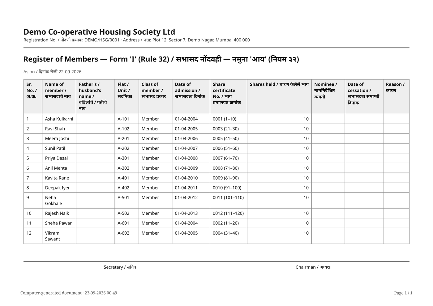 Register of Members in Form I, bilingual English and Marathi, generated for a demo society: member names, dates of admission, share certificate numbers and nominees.